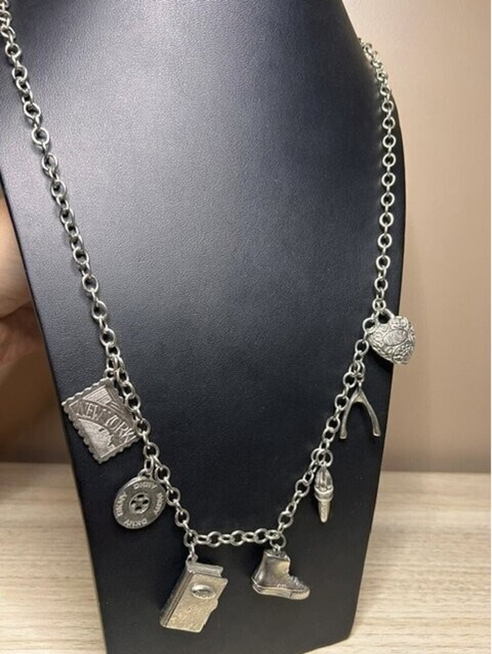 B6775 VTG DKNY Charm Necklace Long Chain Multi Charm Silver Tone New York 32"